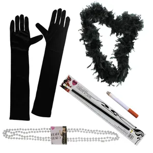 1920's Flapper Set - Black Gloves, Fur Stole, Pear Beads, Cigarette Holder & Fake Cigarettes