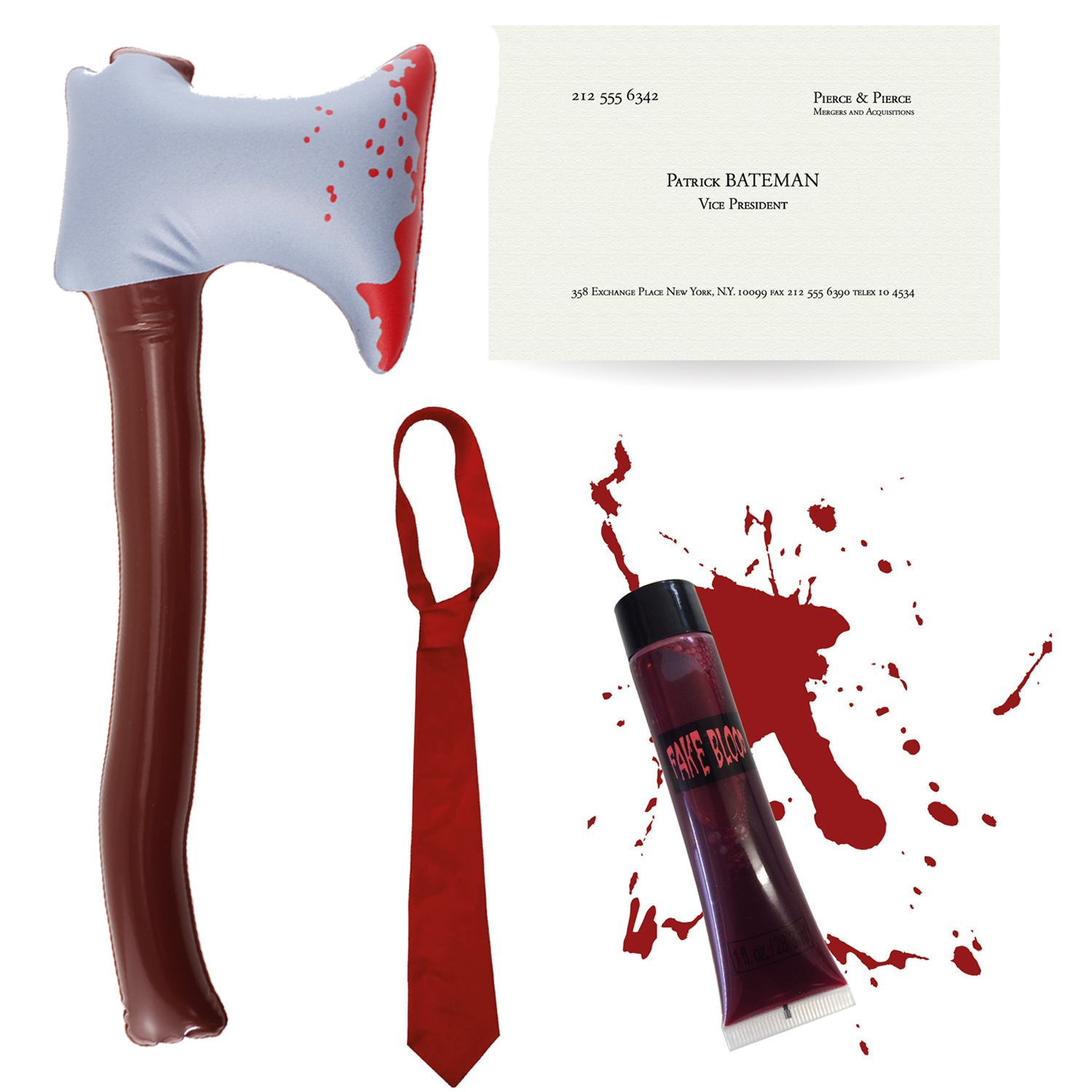 Patrick Bateman Accessory Set | 4 Pcs | Inflatable Axe, Red Tie, Blood & Business Card
