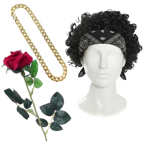 Adults 24 Karat Pop Star Accessory Set | 4 Pcs | Black Wig, Banana, Chain & Rose