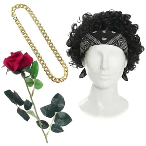 Adults 24 Karat Pop Star Accessory Set | 4 Pcs | Black Wig, Banana, Chain & Rose