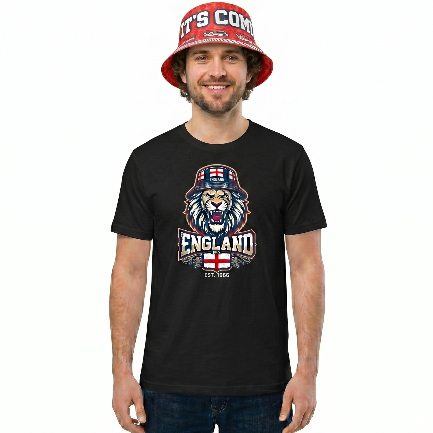 Adults Black England Lion Bucket Hat T-Shirt & Bucket Hat Set | Football Supporter Graphic Tee