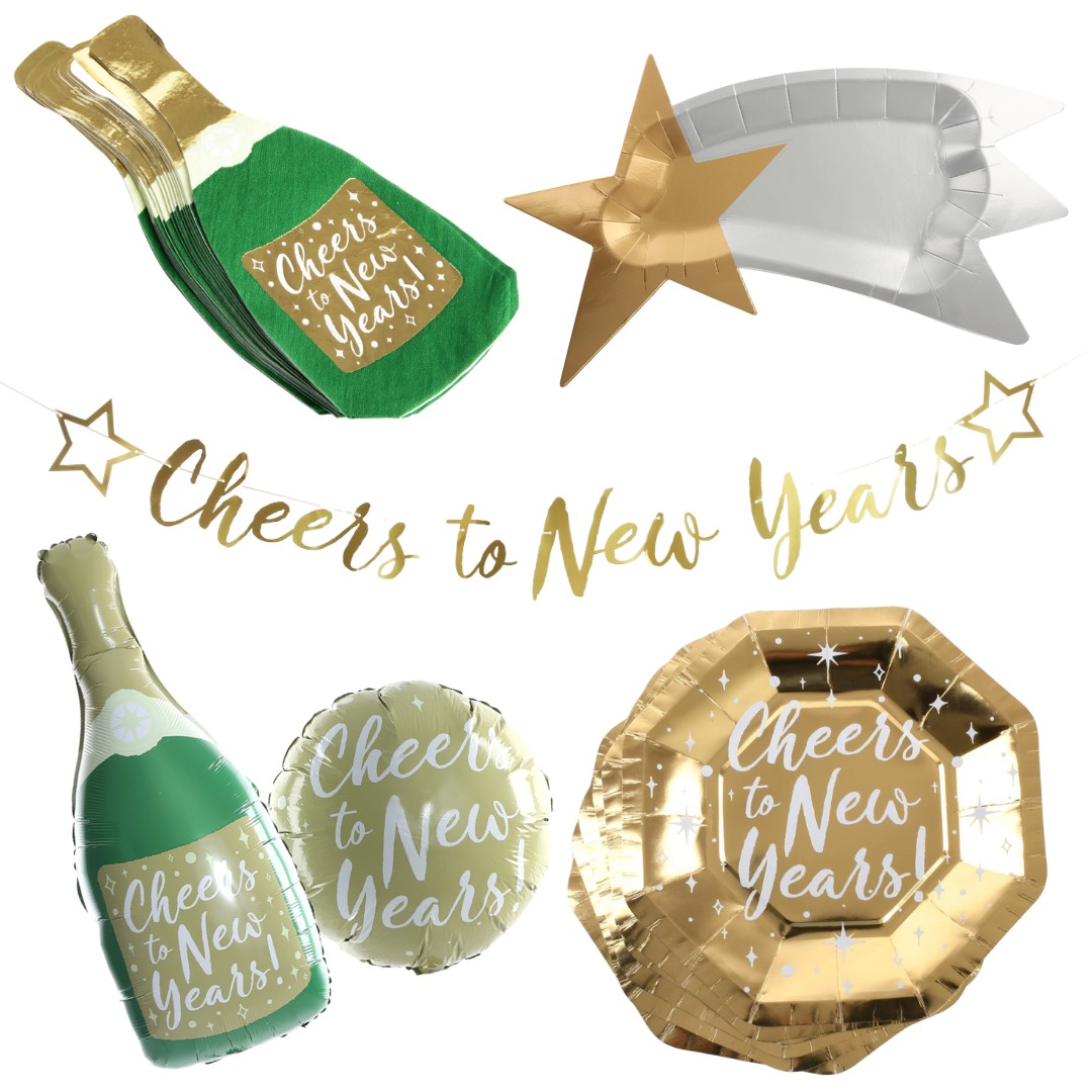 New Years Partyware Set | 36 Pcs | Plates, Platters, Napkins, Balloons & Banner