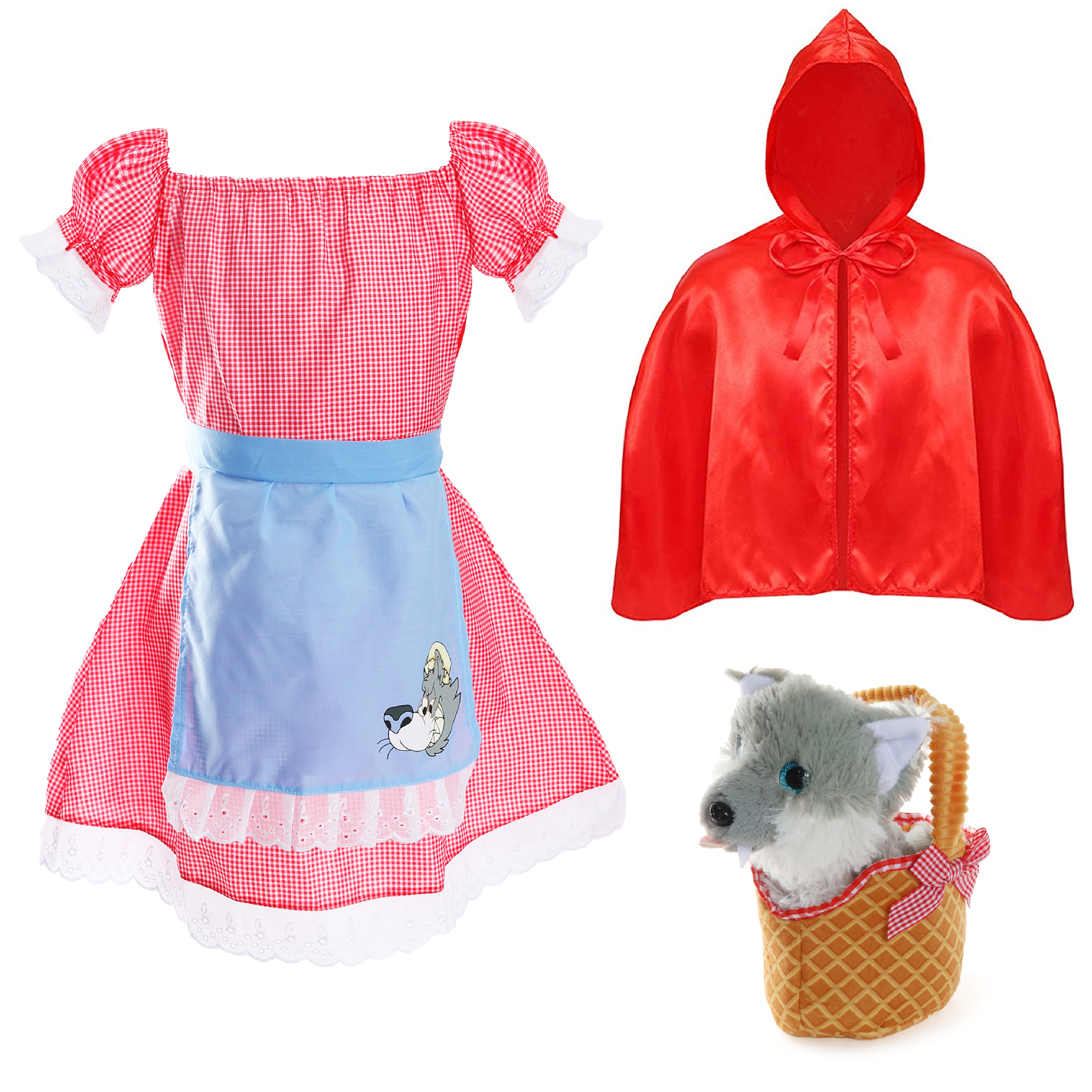 Girls Little Red Riding Hood Costume - with Soft Basket & Wolf