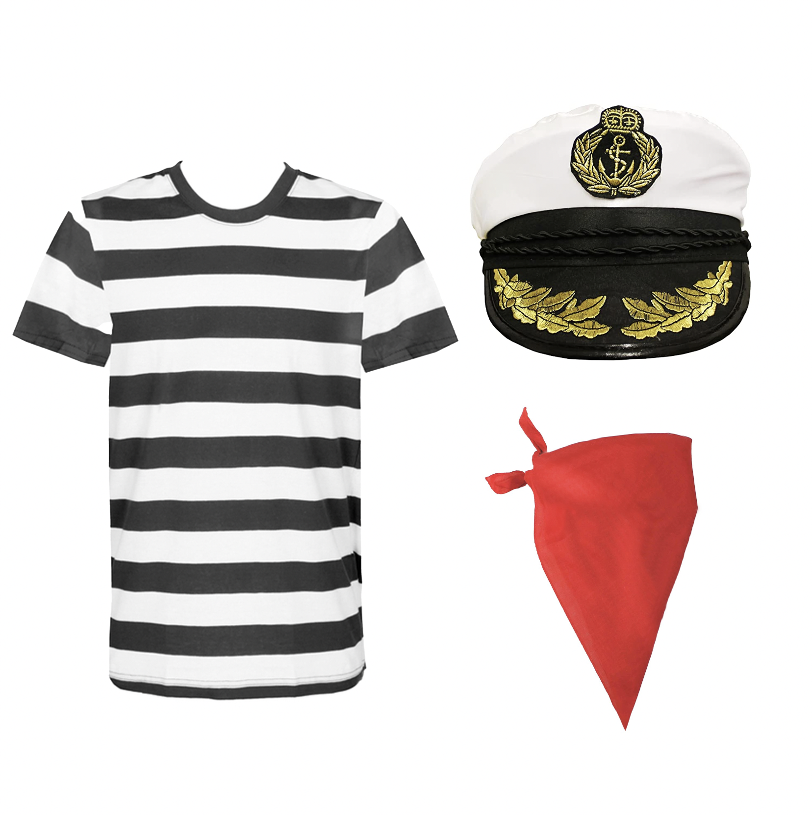 Adults Sailor Costume Set - Black & White Tee, Captain Hat & Red Bandana