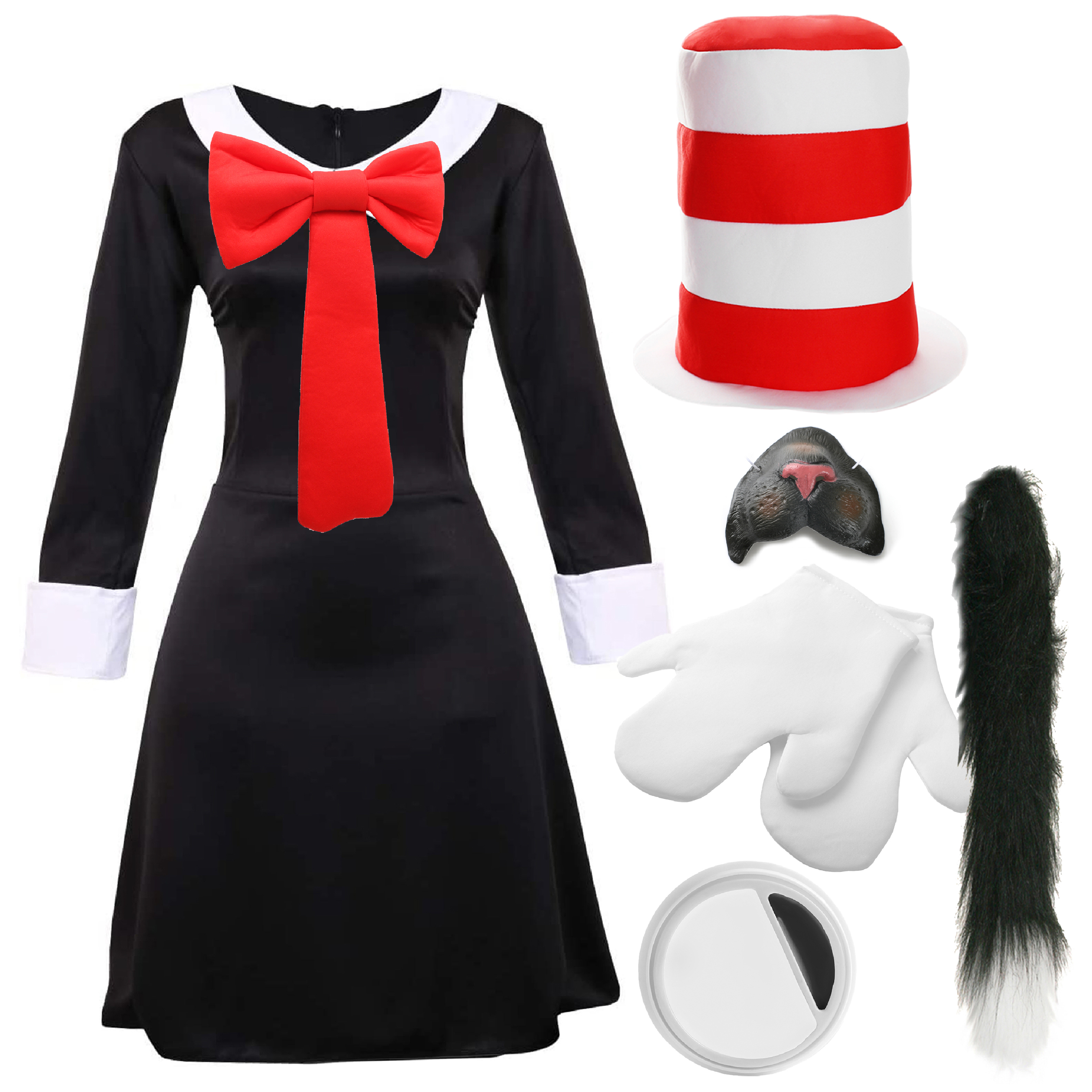 Ladies Deluxe Crazy Cat Costume Set - Hat, Gloves, Tail, Nose & Face Paint