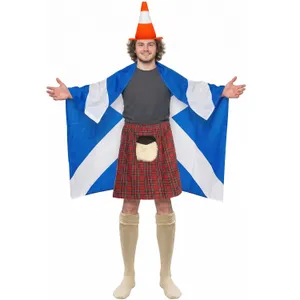 Adults Scotland Supporter Costume Set | 4 Pcs | Kilt, Cone Hat, Flag Cape & Socks