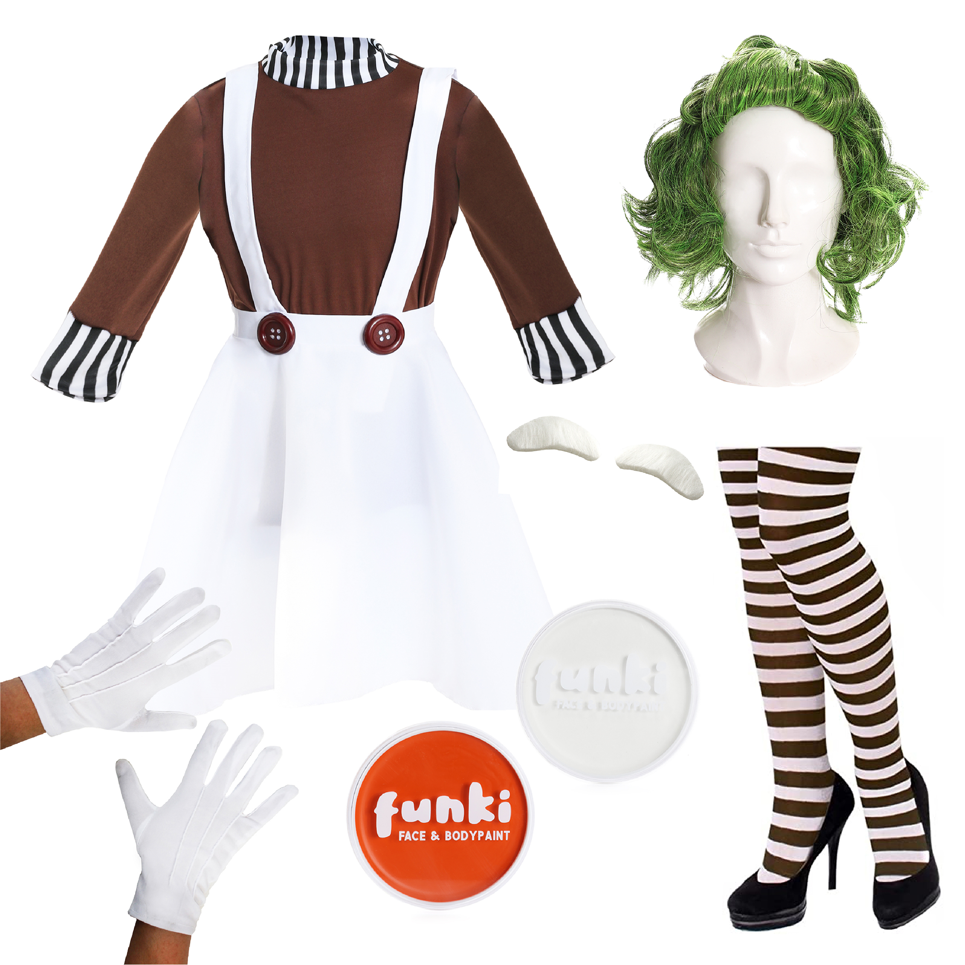 Ladies Factory Worker Costume - Wig, Gloves, Tights, Eyebrows & Face Paint