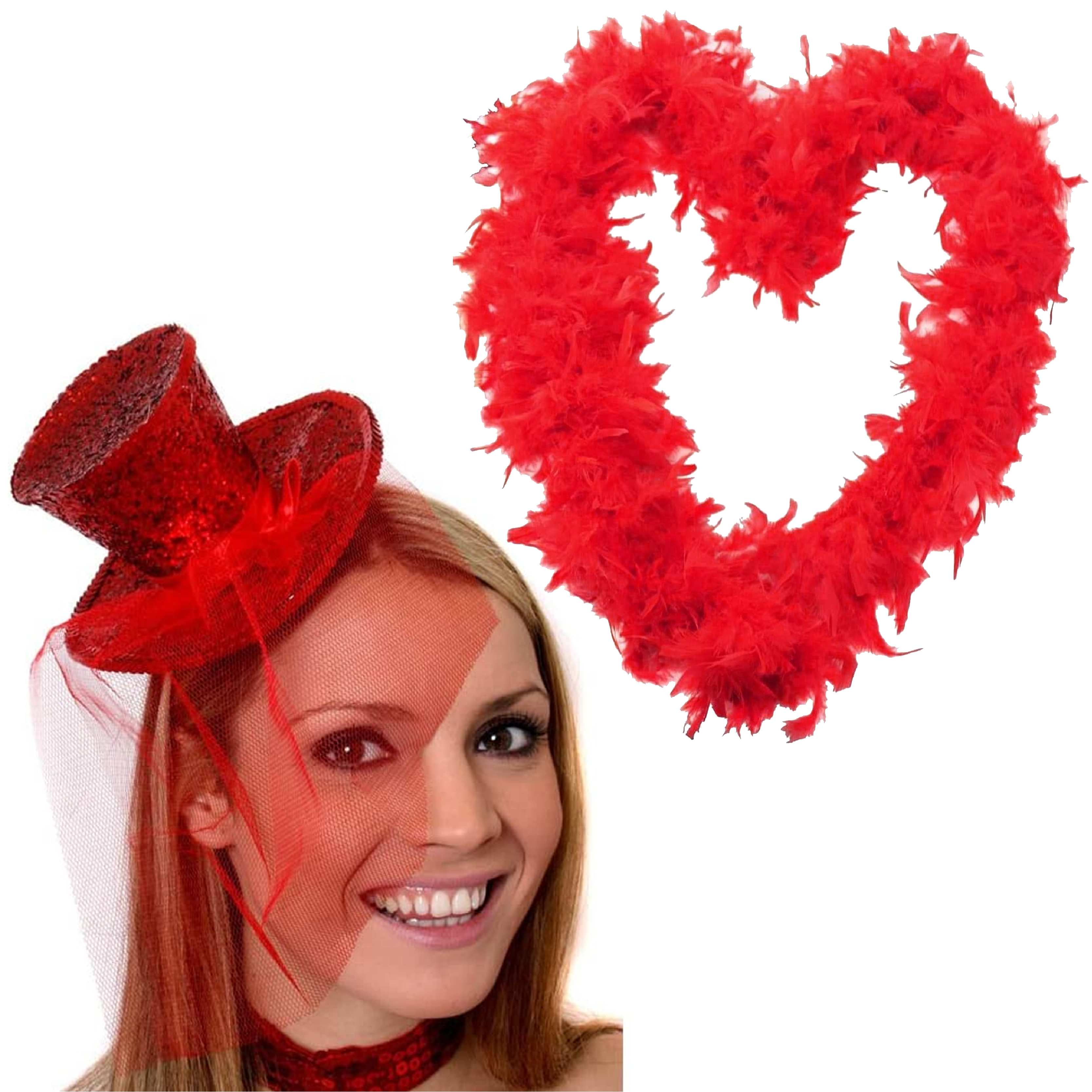 Red Mini Fascinator Hat & Feather Boa