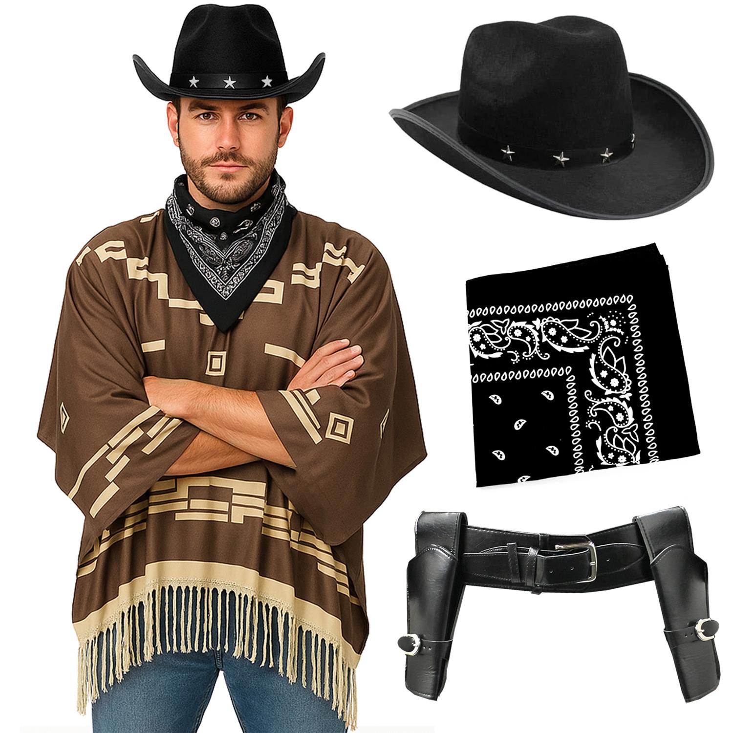 Adults Wild Western Costume | 4 Pcs | Brown Poncho, Black Bandana, Holster & Black Star Studded Cowboy Hat