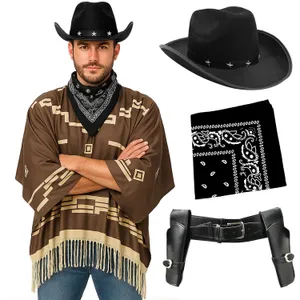Adults Wild Western Costume | 4 Pcs | Brown Poncho, Black Bandana, Holster & Black Star Studded Cowboy Hat