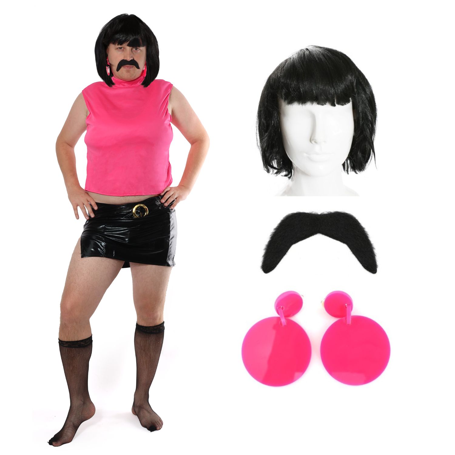 Adults Rock Queen Housewife Costume | 6 Pcs | Top, Skirt, Wig, Tash, Tights & Earrings