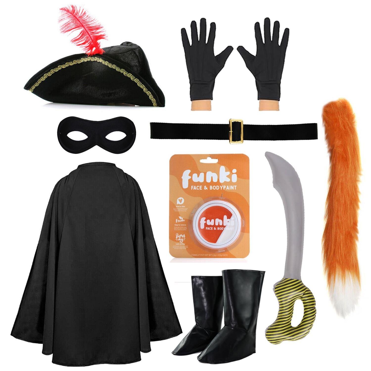 Childs Deluxe Cat Bandit Costume | 9 Pcs | Cape, Hat, Black Mask, Belt, Gloves, Inflatable Sword, Thin Tail, Boot Covers, Orange & White Face Paint