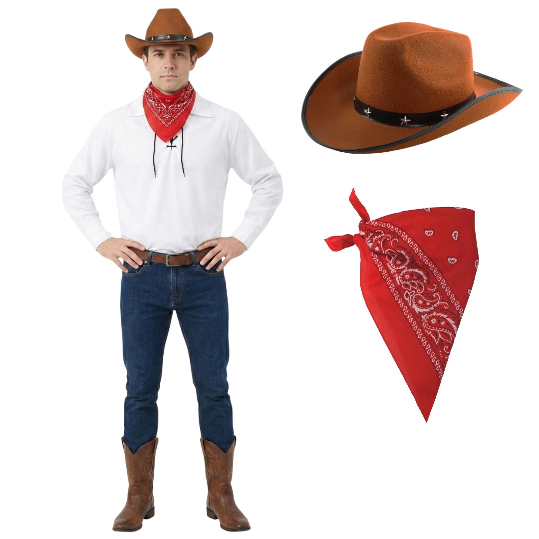 Men's Cowboy Costume | 3 Pcs | Hat, Shirt & Bandana