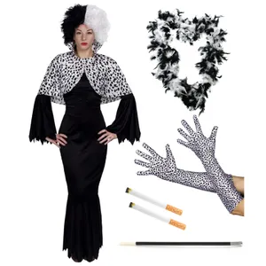 Adults Evil Dog Lady Costume - Cape, Shaggy Wig, Dalmatian Gloves, Feather Boa & Fake Cigarettes