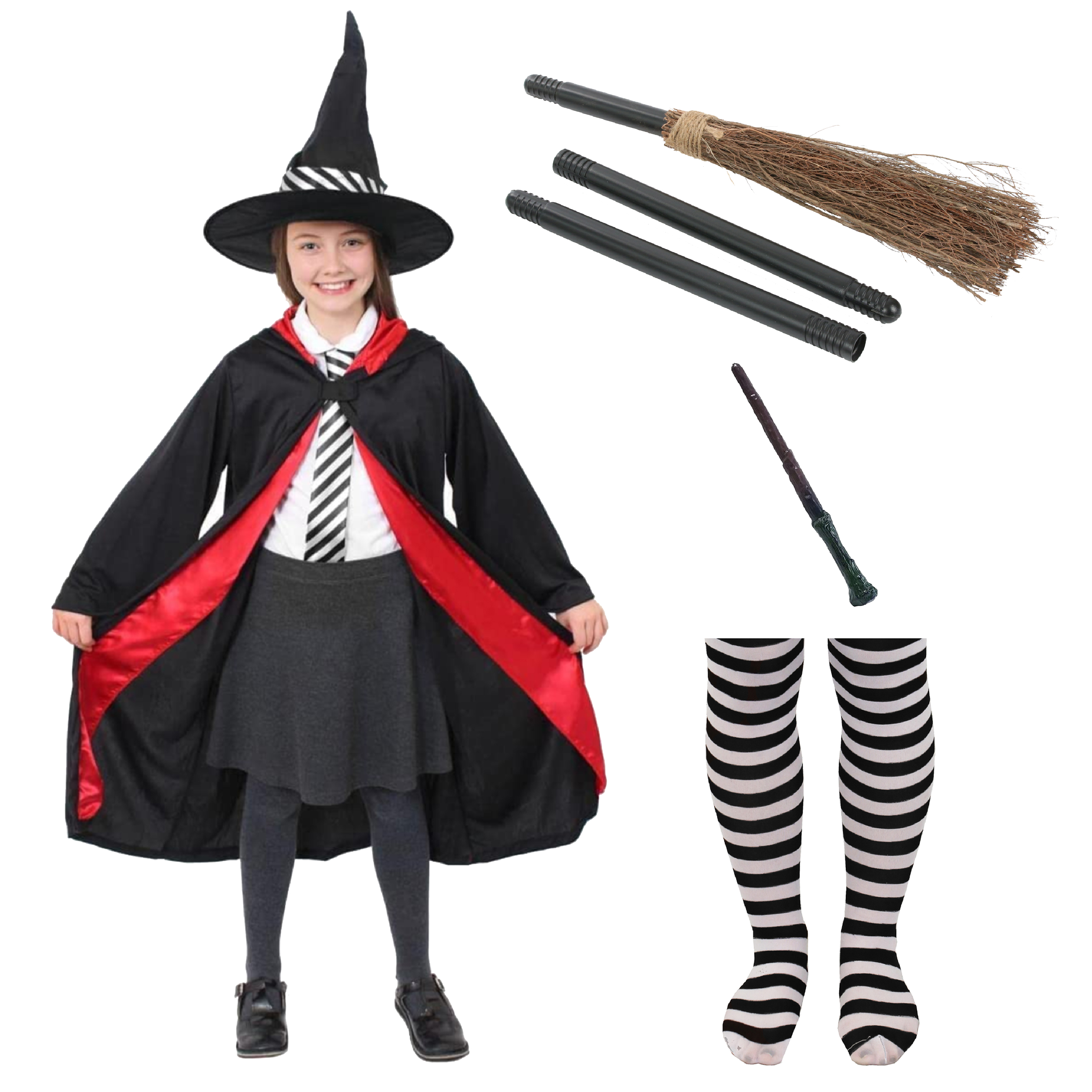Girls School Witch Costume - Broomstick, Wand & Tights