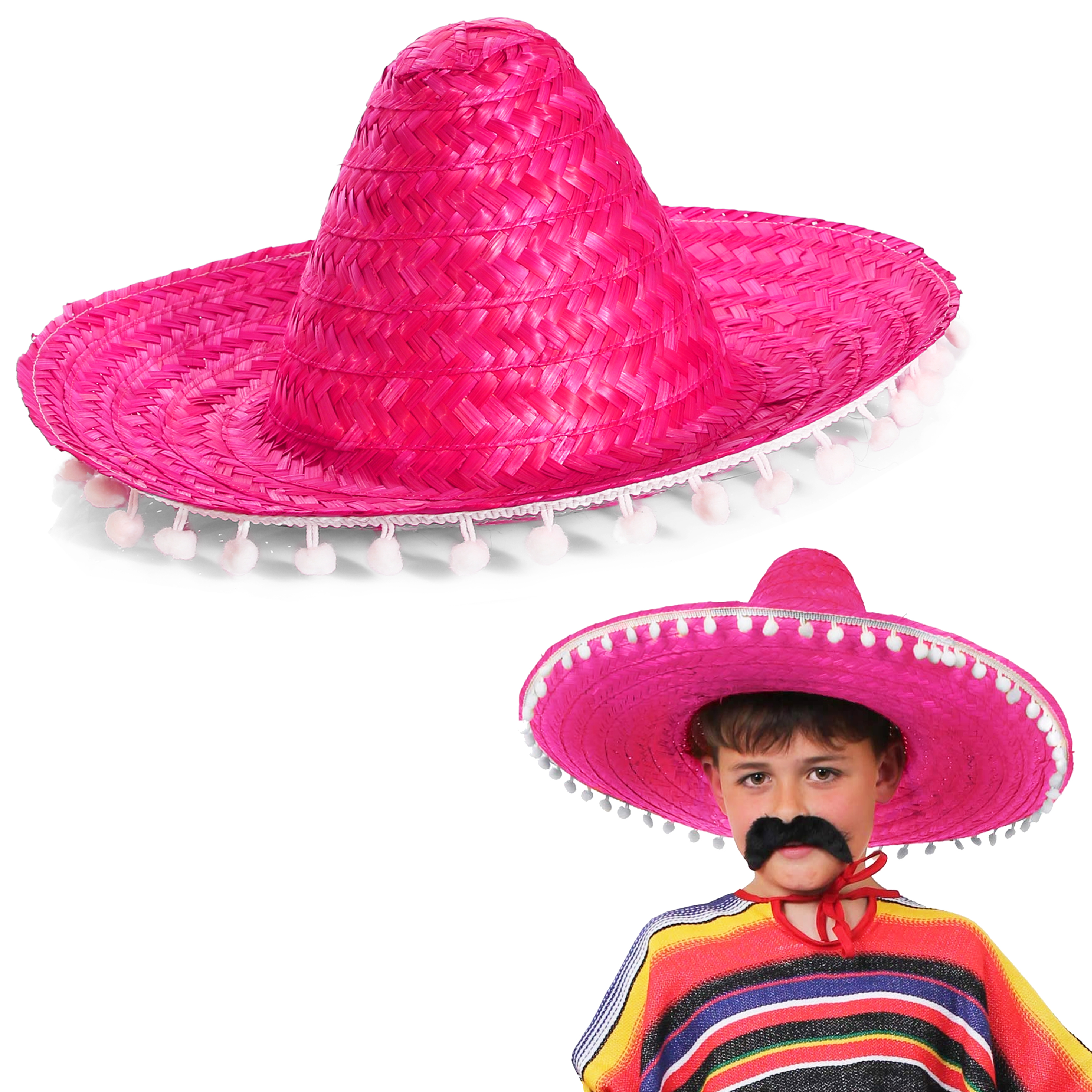 Kids Pink Mexican Sombrero with Pom Pom Edging