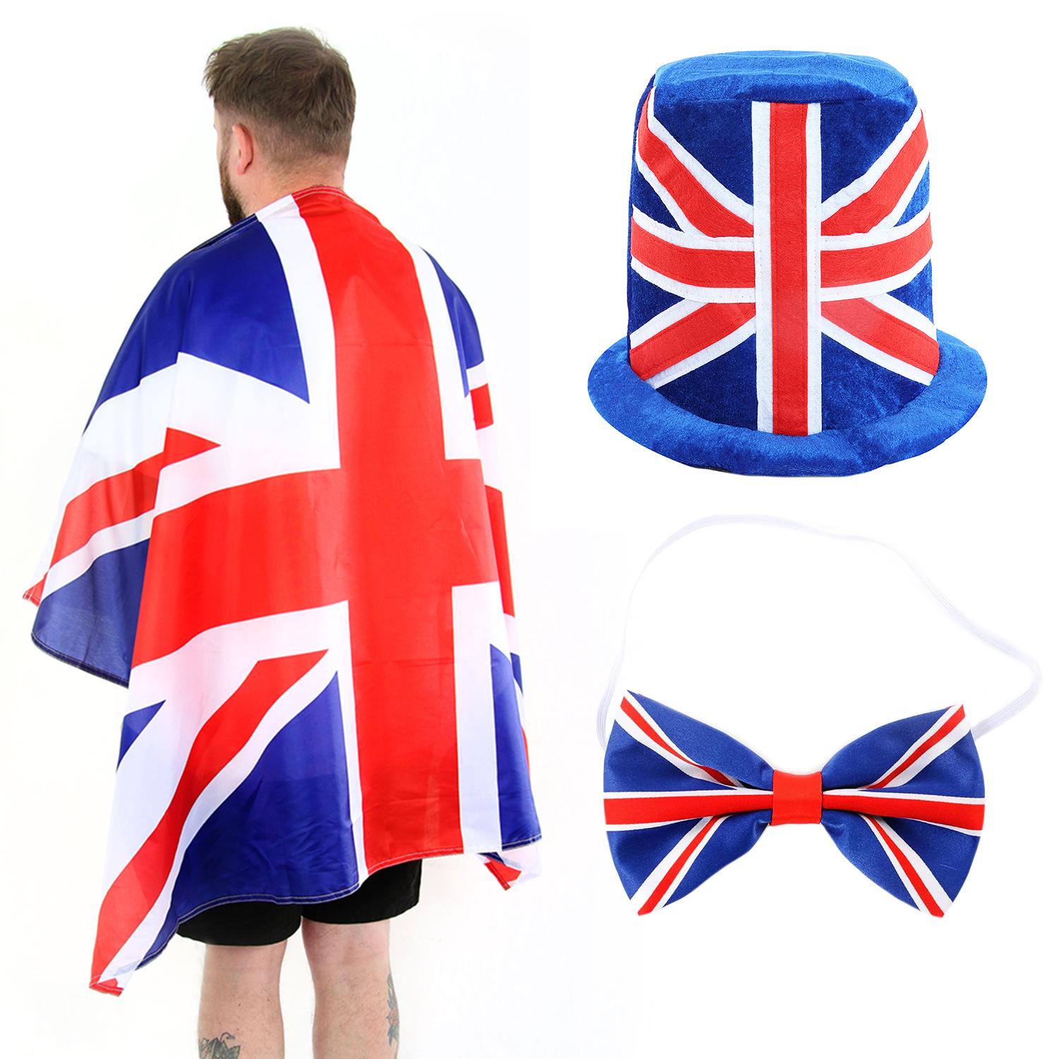 Wearable Union Jack Cape, Soft Top Hat & Bow Tie