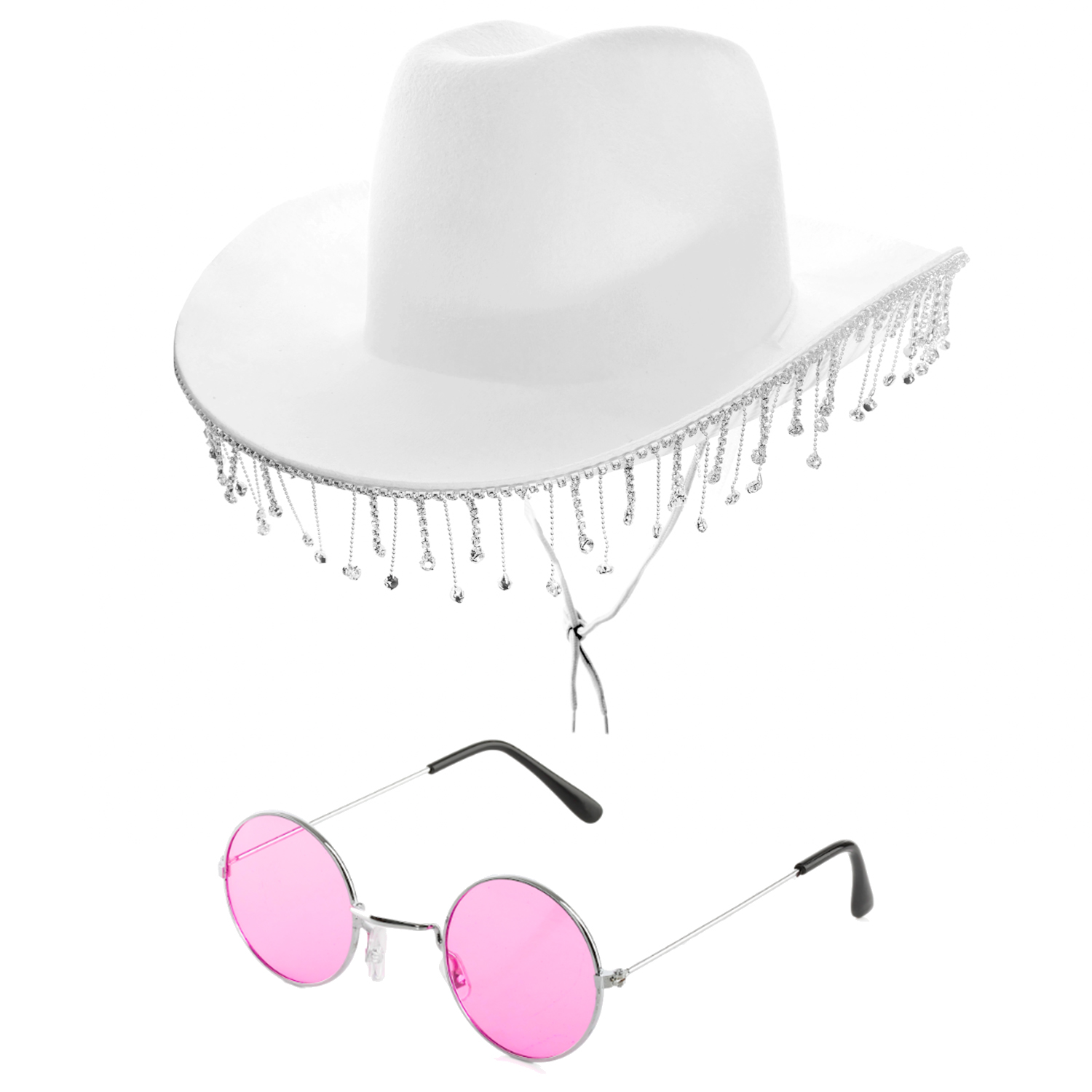 White Cowboy Hat with Diamantes & Circular Glasses