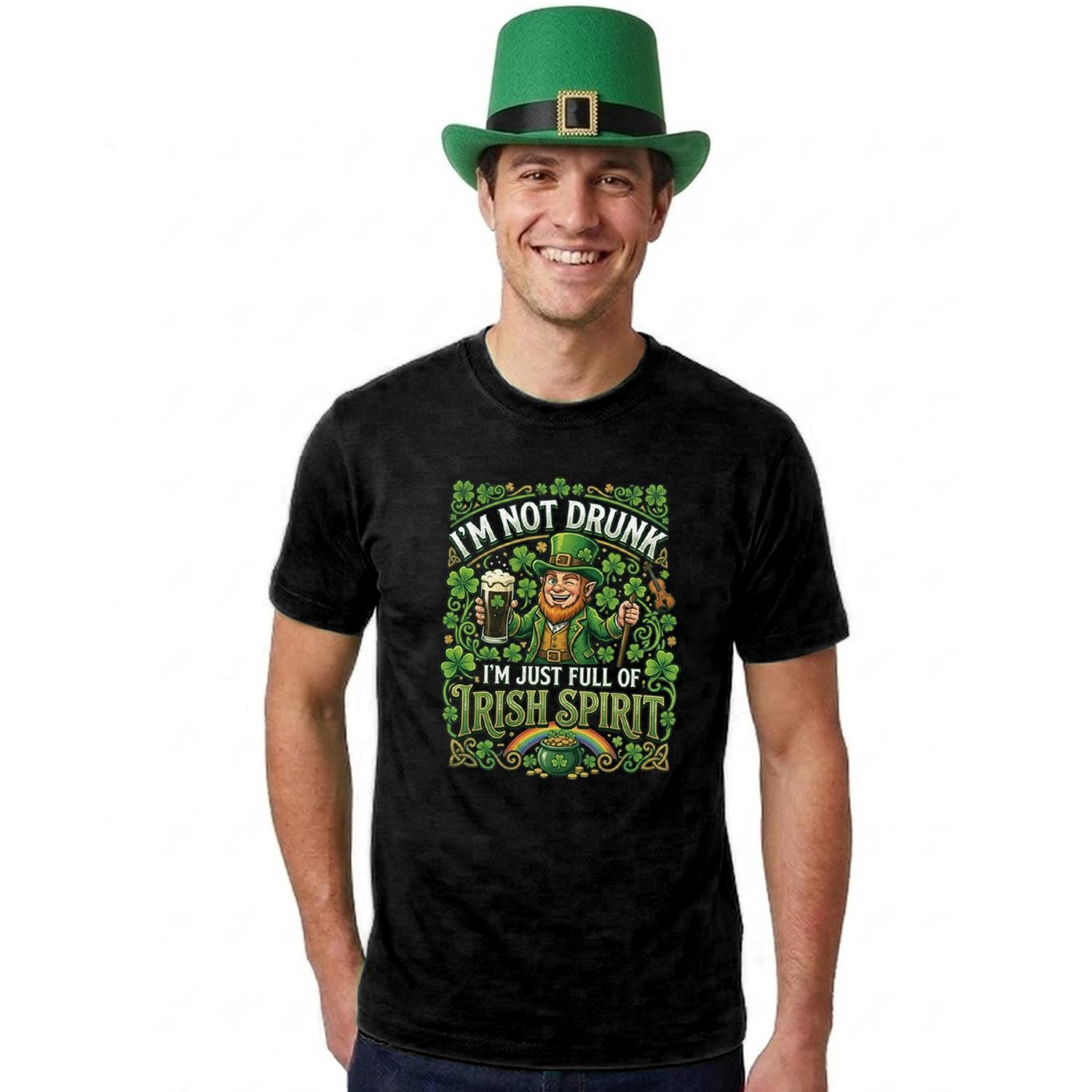 Adults Funny St Patricks Day Costume | Top Hat & T-Shirt “I'm not Drunk I'm Just Full of Irish Spirit" | Black Tee with Green Print