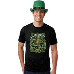 Adults Funny St Patricks Day Costume | Top Hat & T-Shirt “I'm not Drunk I'm Just Full of Irish Spirit" | Black Tee with Green Print
