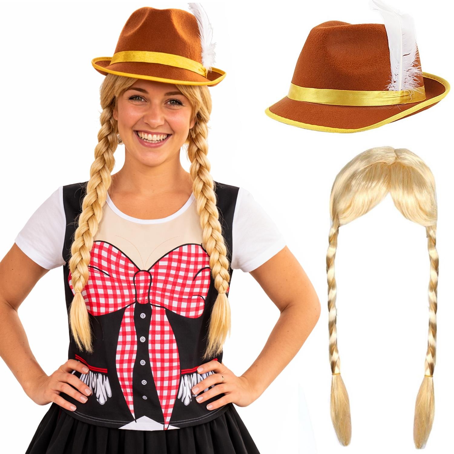 Ladies Oktoberfest Bavarian Costume | 3 Pcs | T-Shirt, Hat & Plait Wig