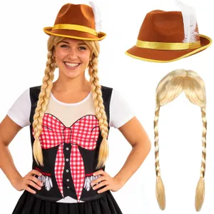 Ladies Oktoberfest Bavarian Costume | 3 Pcs | T-Shirt, Hat & Plait Wig