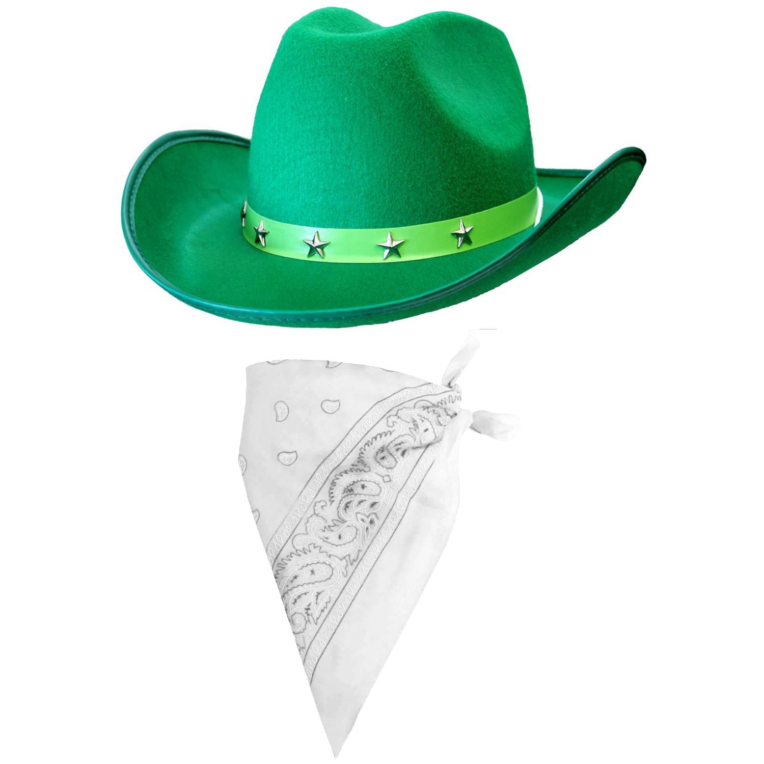 Green Star Studded Cowboy Hat & Paisley White Bandana