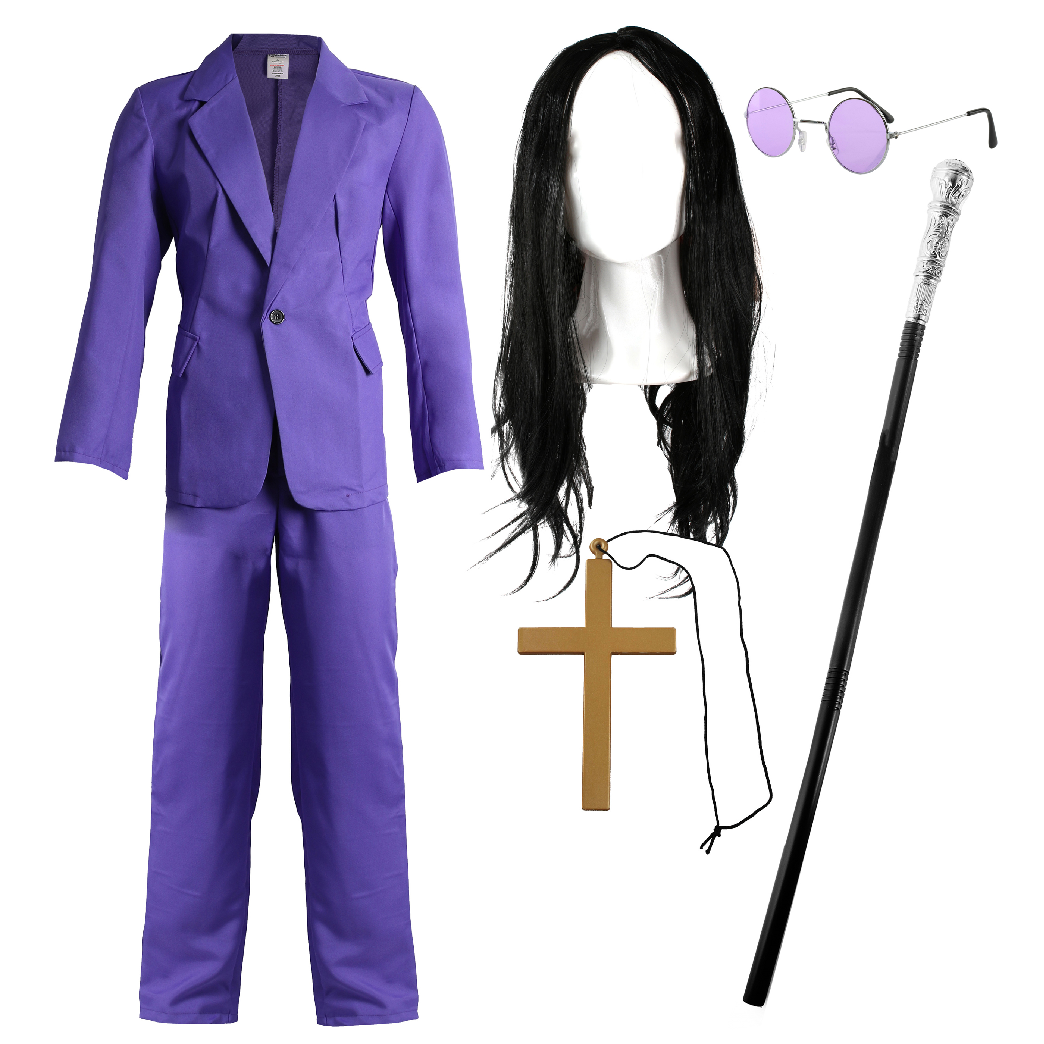 Prince of Darkness Costume | 5 Pcs | Purple Suit, Wig, Cane, Glasses & Cross Necklace