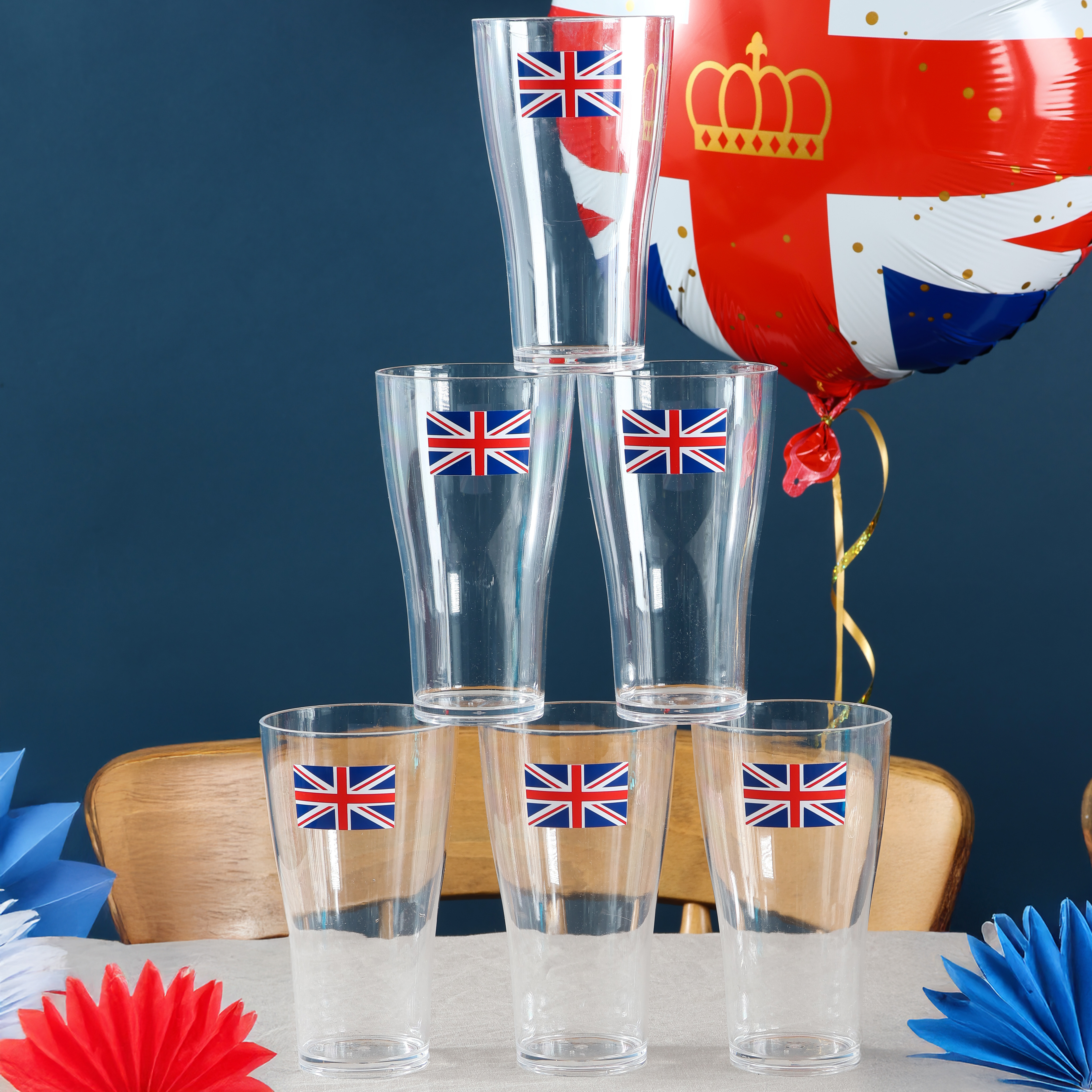 Pack of 12 Union Jack Plastic Pint Glasses
