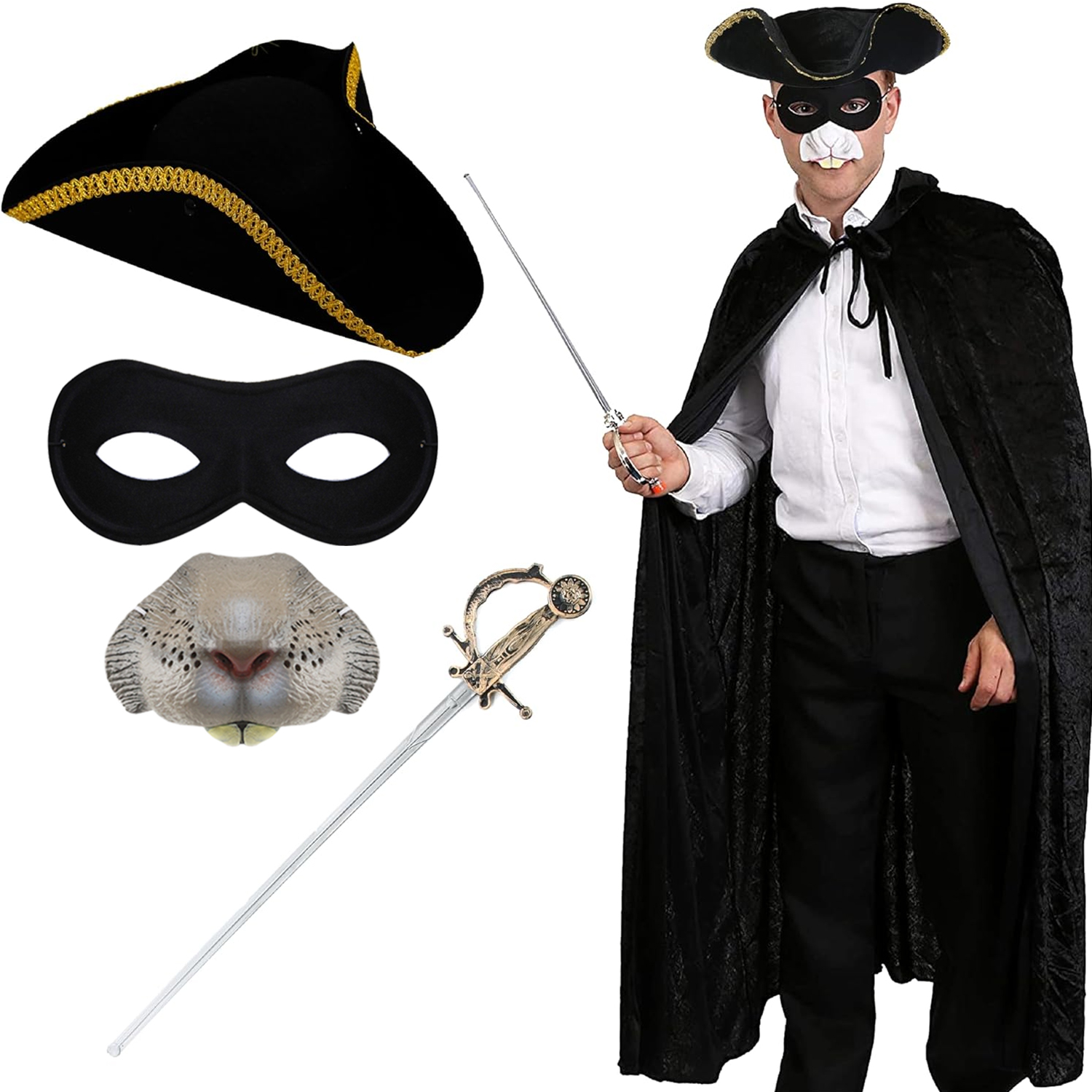 Adults Highway Man Costume | 5 Pcs | Cape, Gold Trim Tricorn Hat, Nose, Mask & Sword