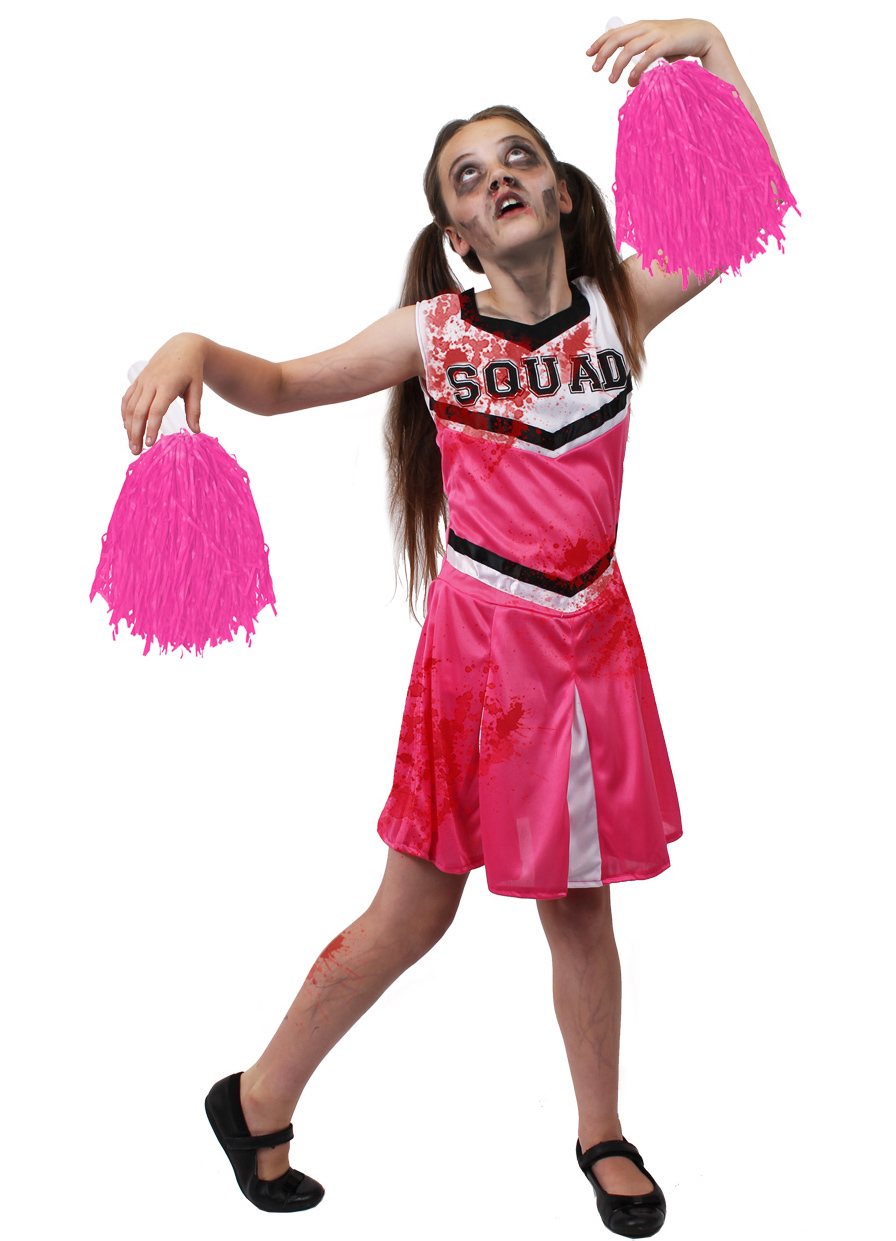 Girls Pink Zombie Cheerleader Halloween Fancy Dress Costume with Pom Poms