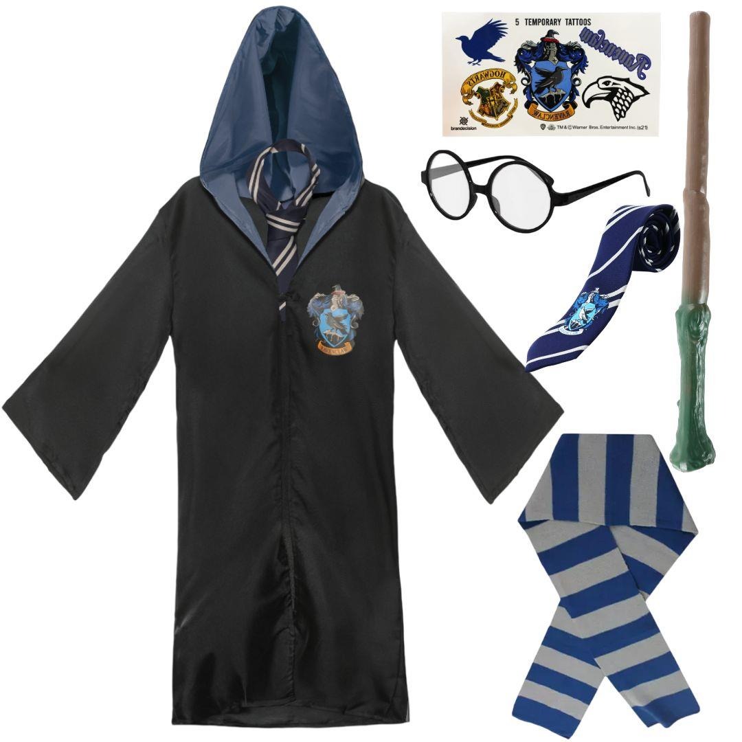 Adults Harry Potter Costume | 6 Pcs | Ravenclaw Cloak, Tie, Tattoos, Wand, Glasses & Scarf