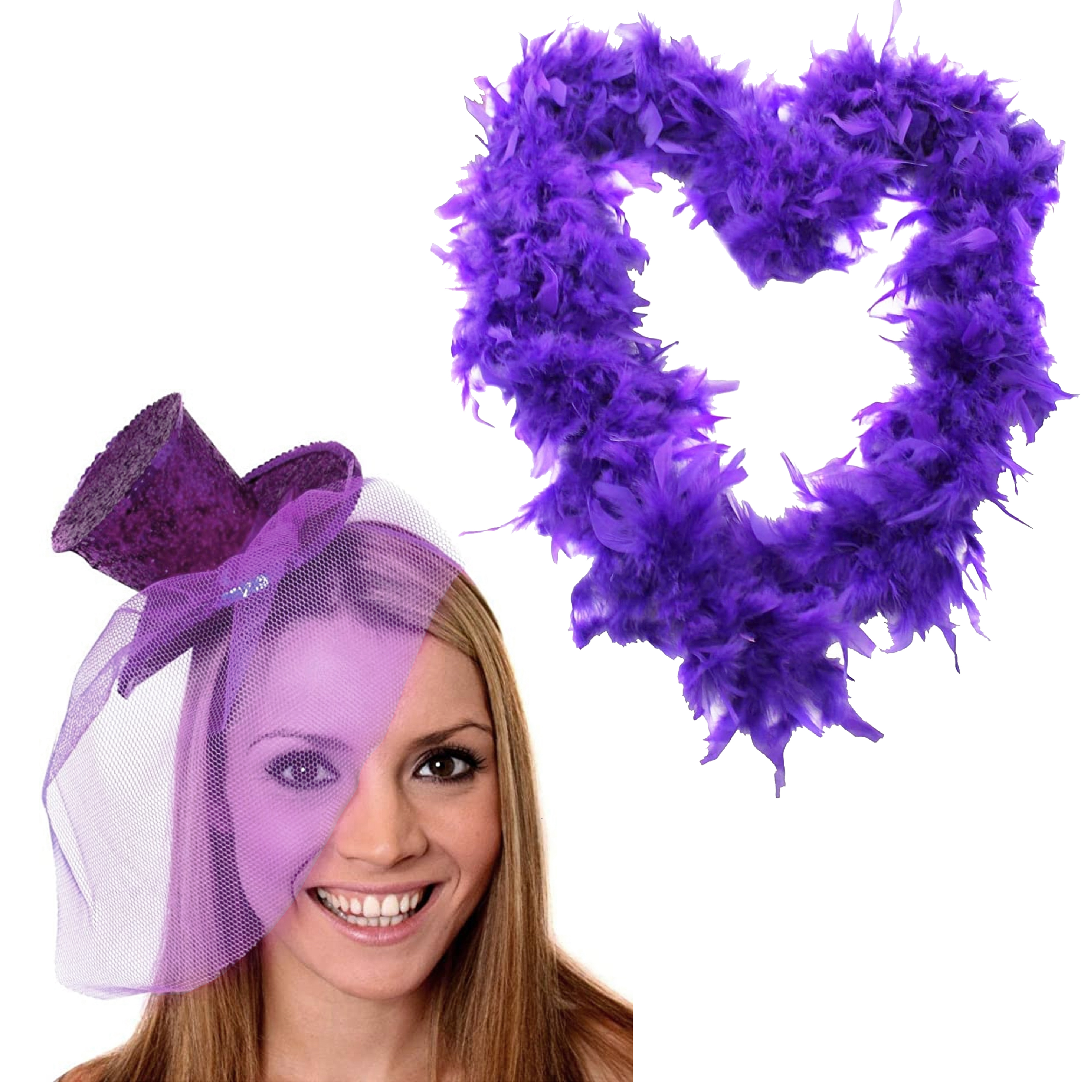Purple Mini Glitter Fascinator Hat &  Purple Feather Boa