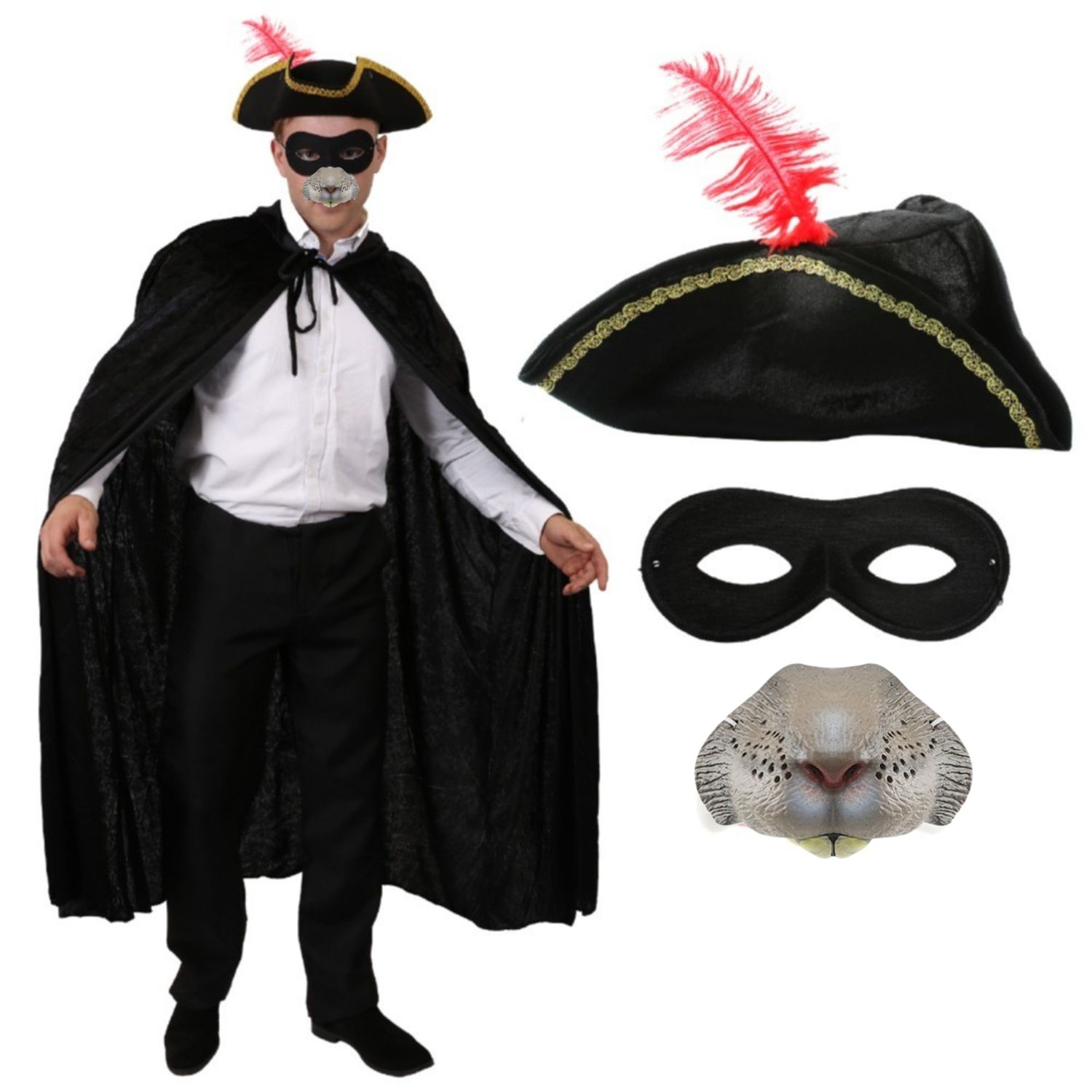 Adults Highway Man Costume | 4 Pcs | Cape, Feather Tricorn Hat, Nose & Mask