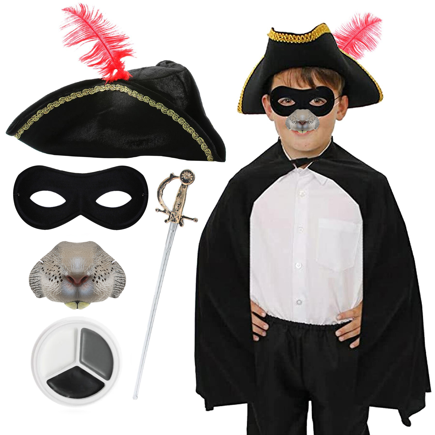 Childs Highway Rodent Costume | 6 Pcs | Cape, Feather Tricorn Hat, Mask, Nose, Sword & Face Paint