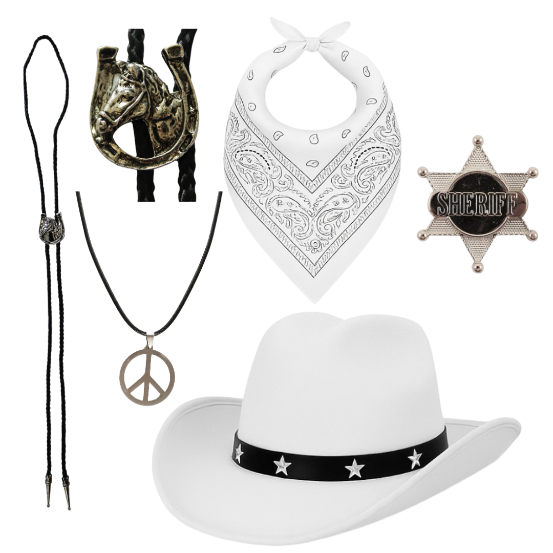 Adults Cowboy Set | 5 Pcs | White Hat, Bootlace Tie, Necklace, Bandana & Sheriff Badge
