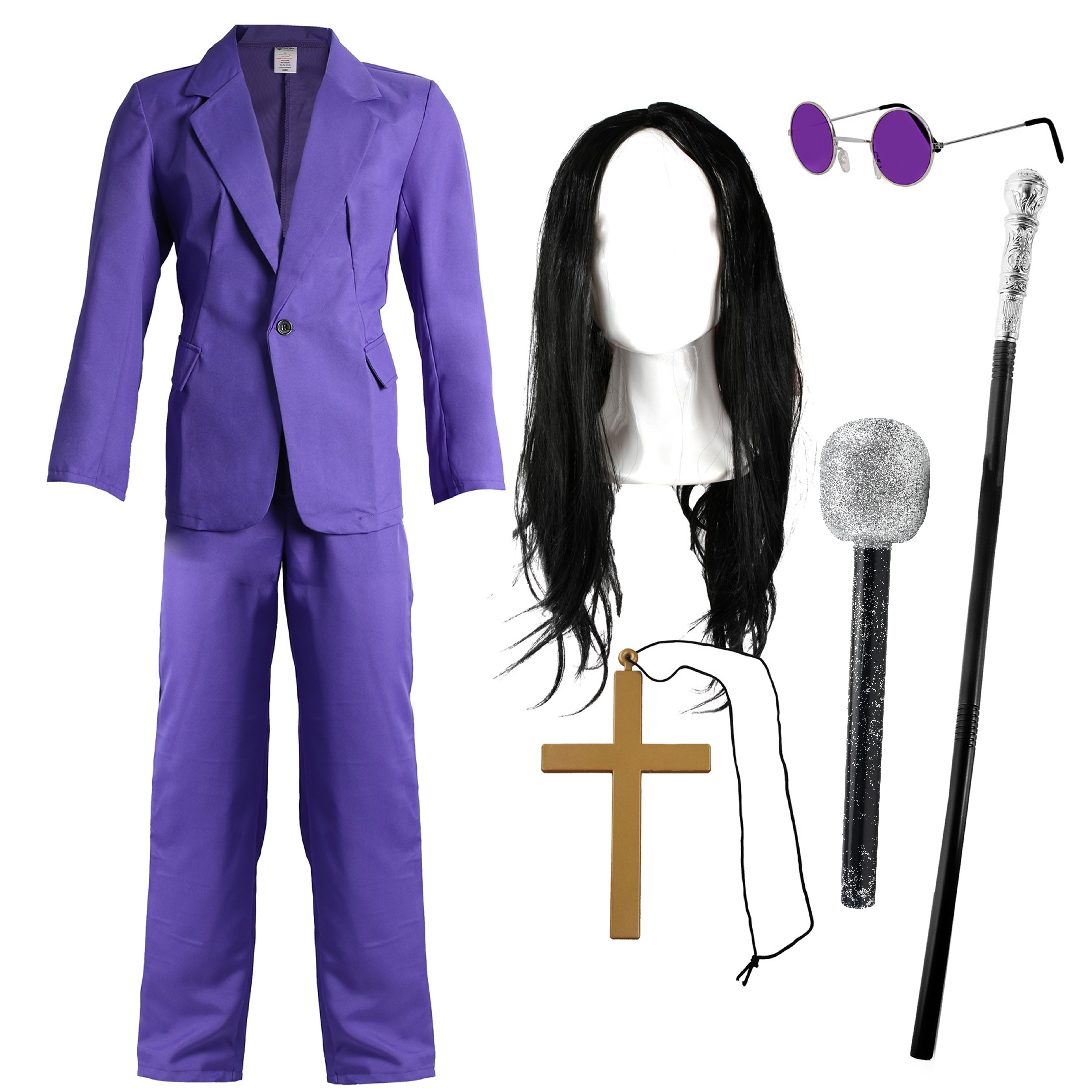 Prince of Darkness Costume | 6 Pcs | Purple Suit, Wig, Cane, Glasses, Cross Necklace & Mic