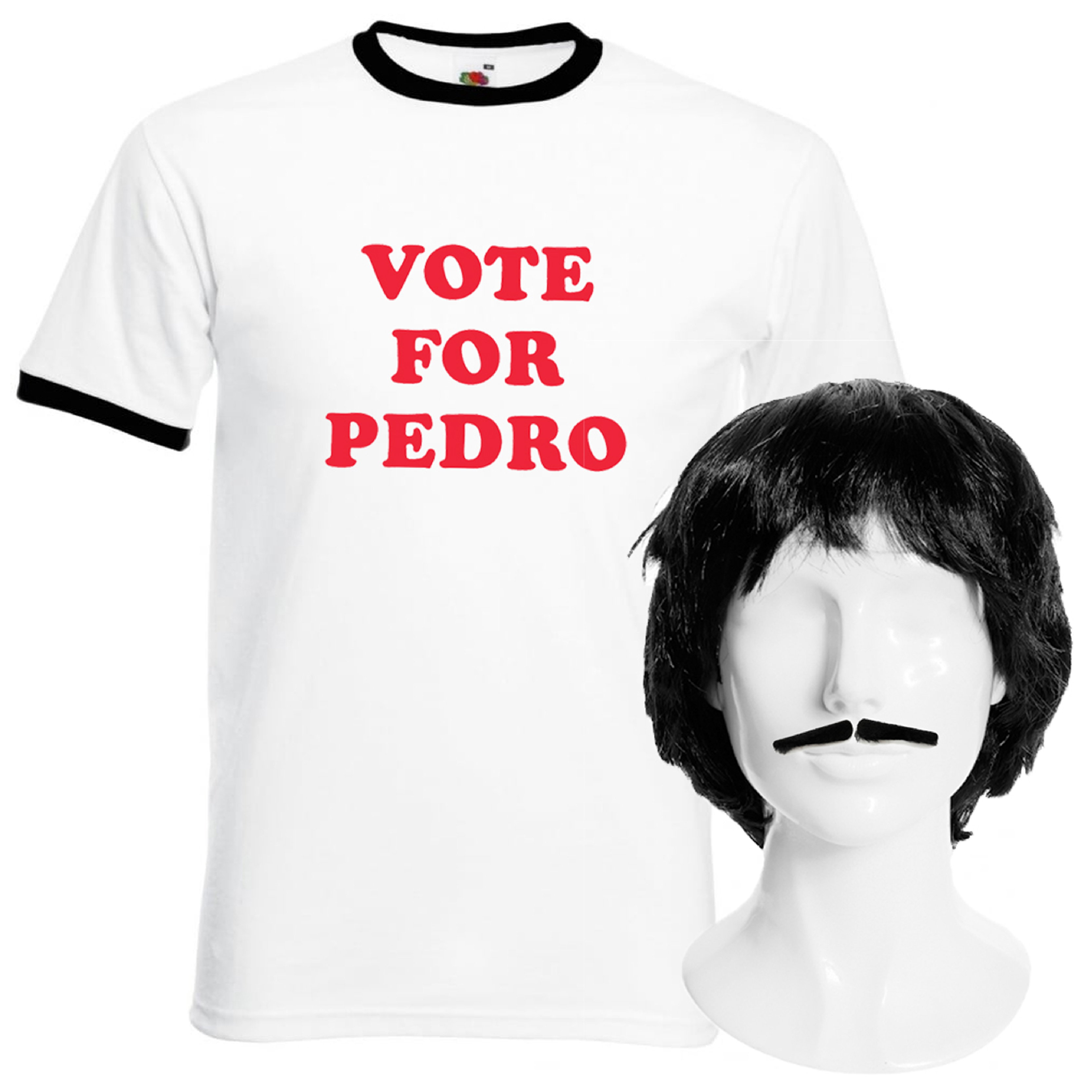 Pedro Costume for Adults – Vote for Pedro T-Shirt, Black Wig & Spiv Moustache for Halloween & Fancy Dress