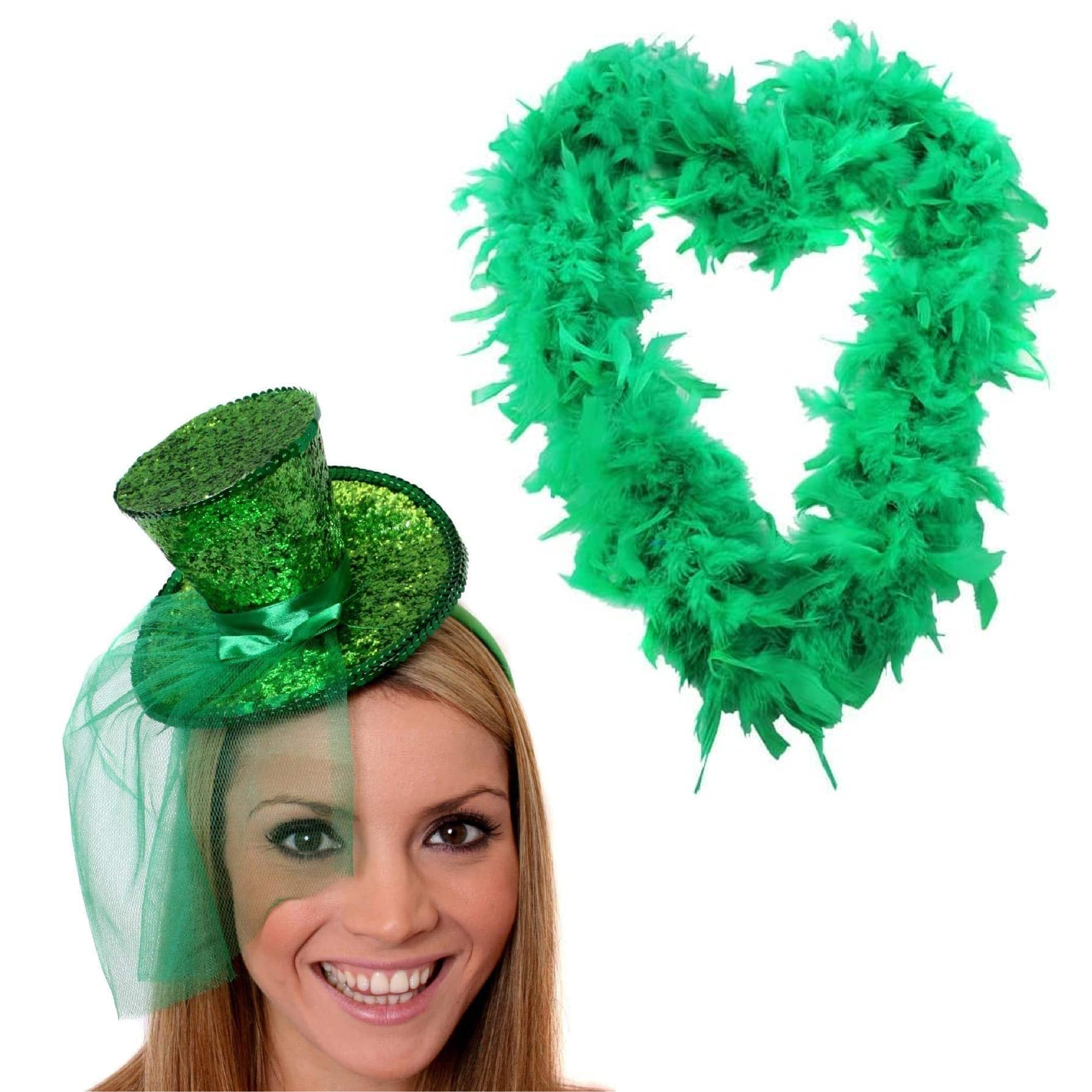 Green Mini Glitter Fascinator Hat & Green Feather Boa