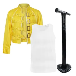 Adults 80's Rock Star Costume | 3 Pcs | Yellow Jacket, Vest & Inflatable Mic Stand