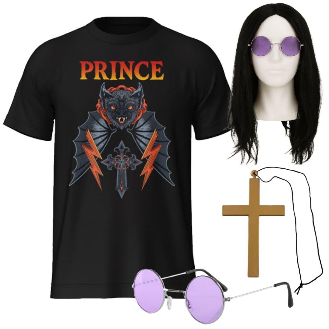 Prince of Darkness Costume | 4 Pcs | T-Shirt, Wig, Glasses & Cross Necklace