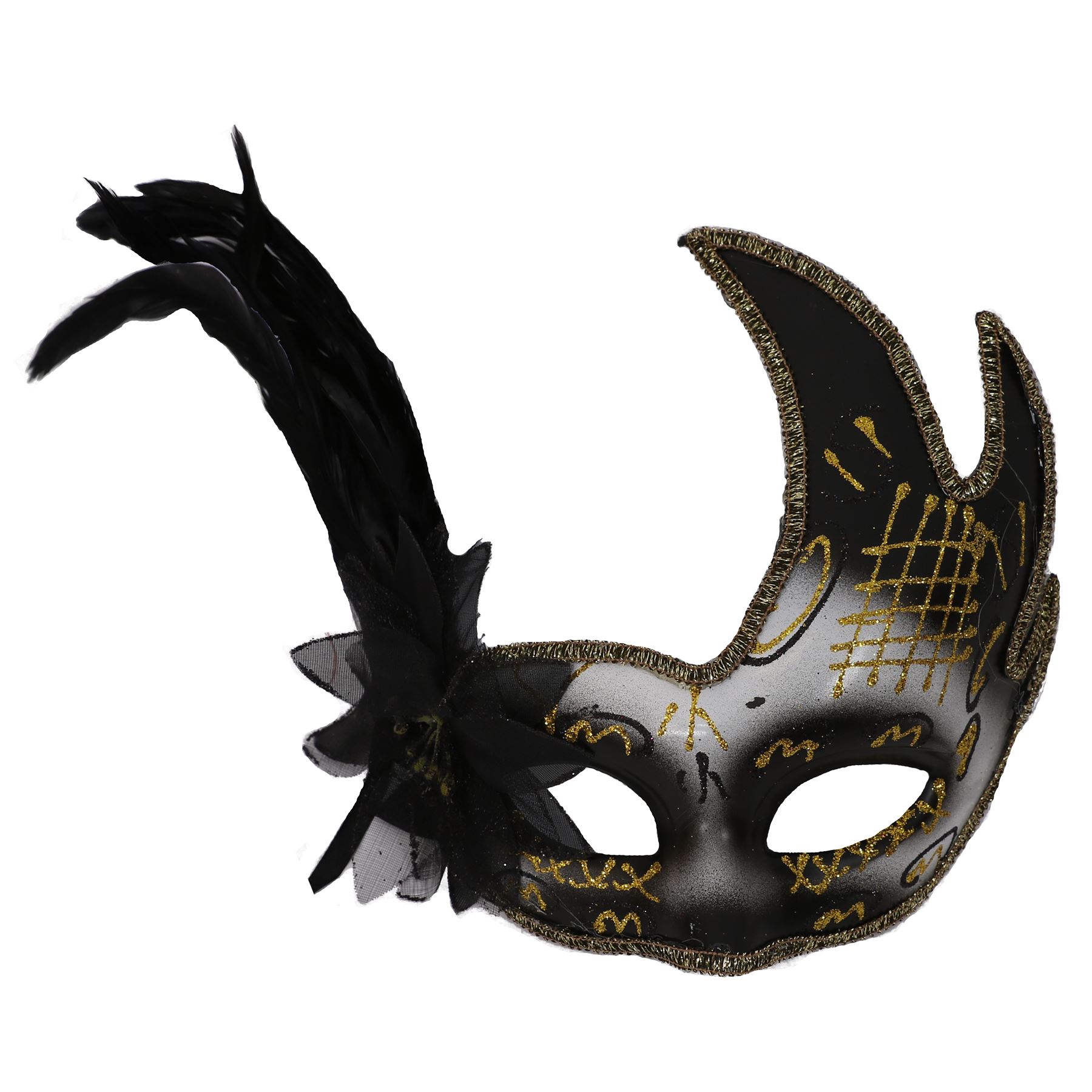 Black, White & Gold Masquerade Masks – Glitter Fancy Dress Costume Accessories with Rose & Feathers