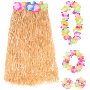 80cm Hawaiian Long Natural Hula Skirt & Lei
