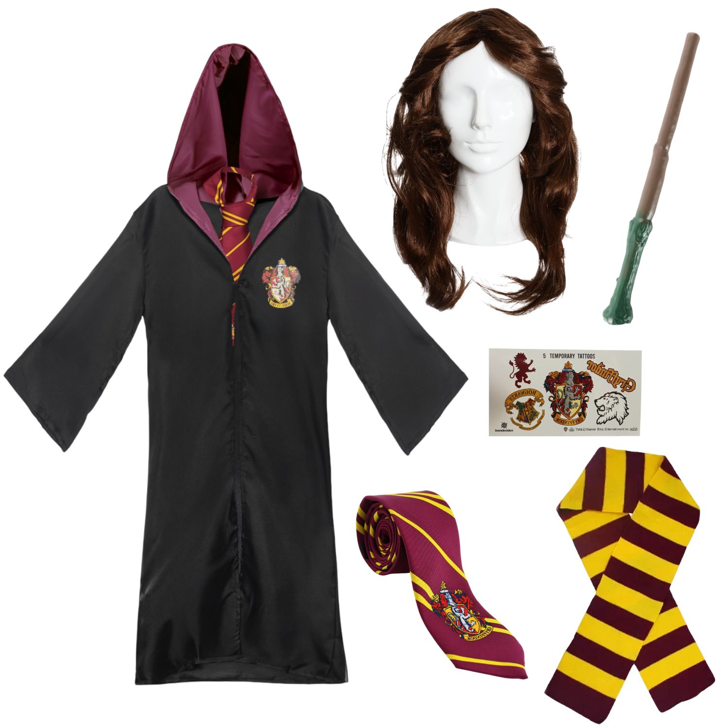 Adults Hermione Costume | 6 Pcs | Robe, Tie, Wig, Wand, Tattoos & Scarf