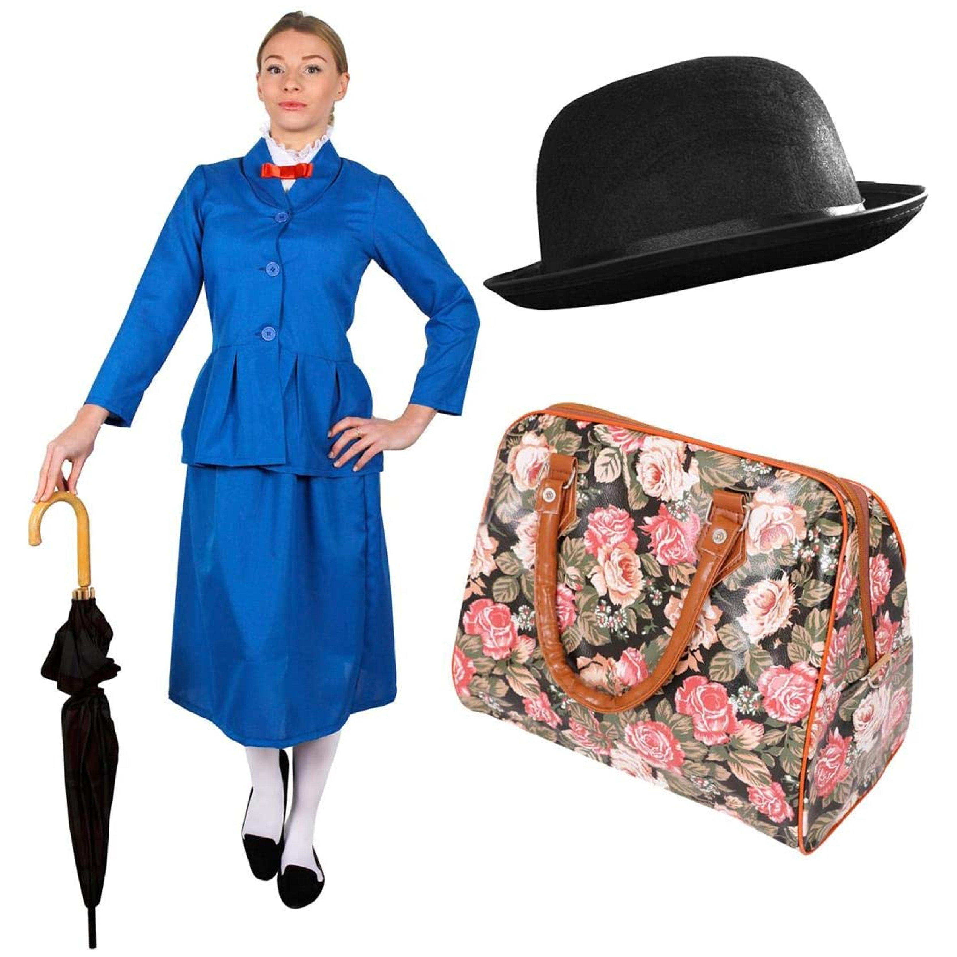 Ladies Magical Nanny Costume - with Plain Bowler Hat ( 55cm) & Floral Bag