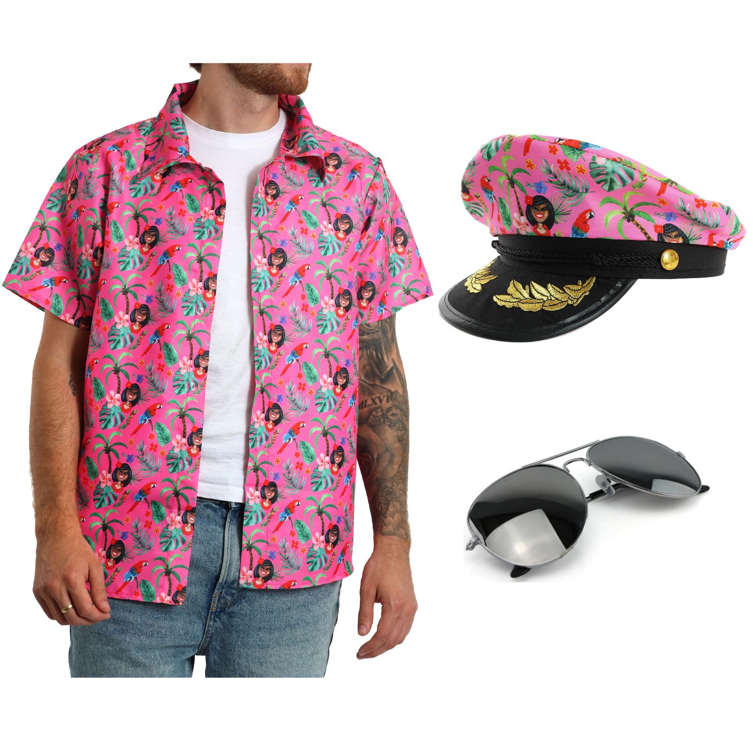 Adults Hawaiian Costume | 3 Pcs | Unisex Pink Hawaiian Print Shirt, Sailor Hat & Sunglasses