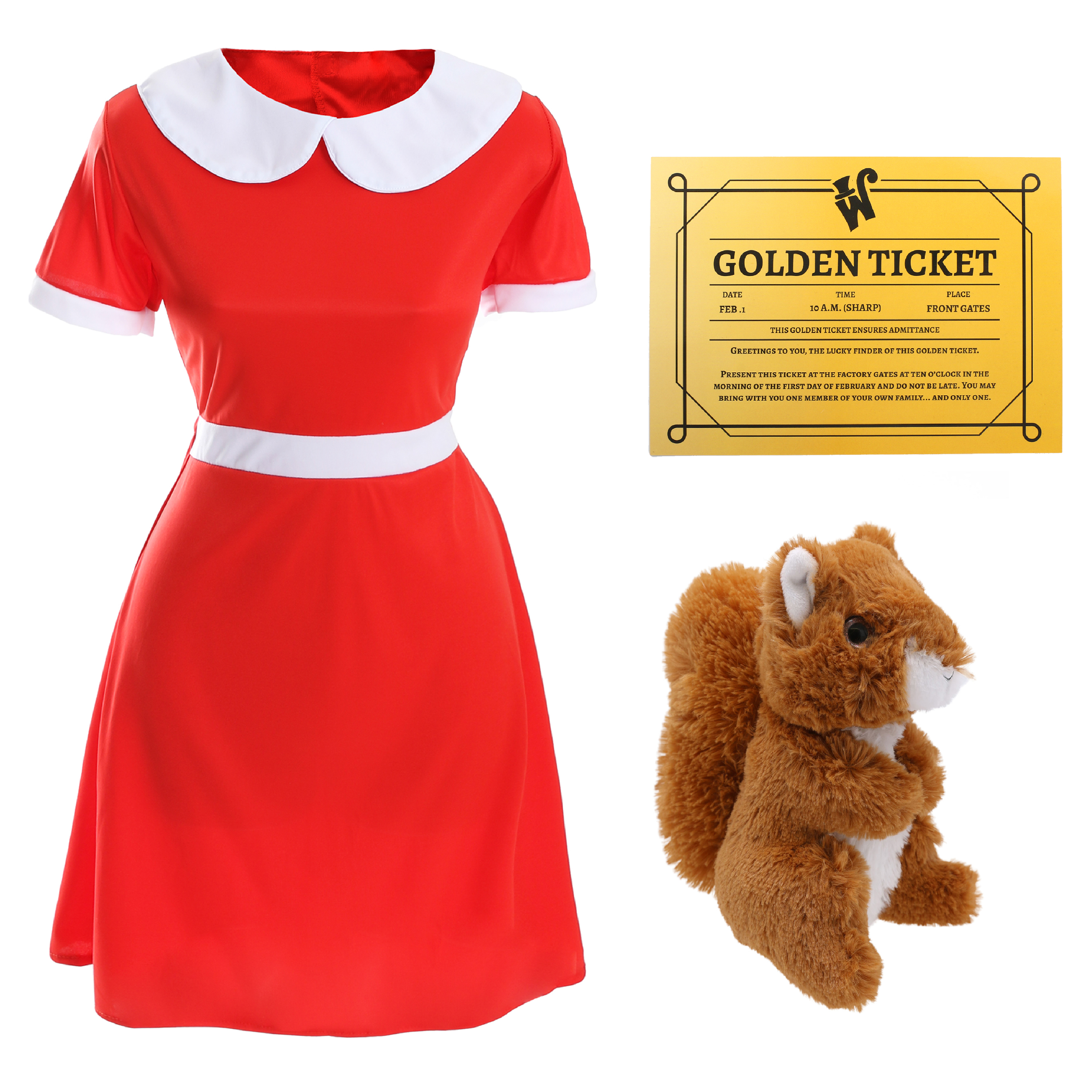 Ladies Spoilt Golden Ticket Winner Costume - Dress, Squirrel & Ticket