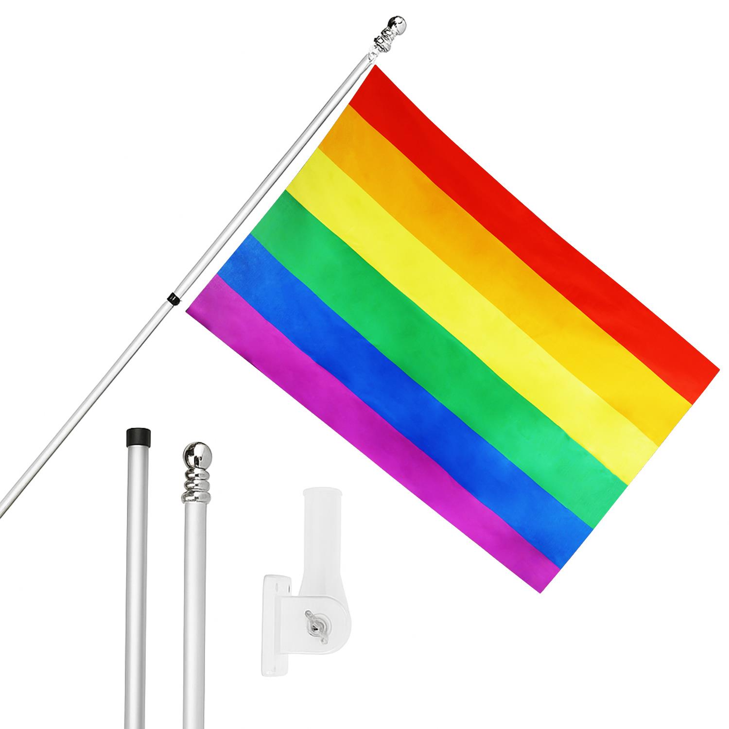 Large 5ft X 3ft Rainbow Pride Flag with 6ft Pole & Wall Bracket
