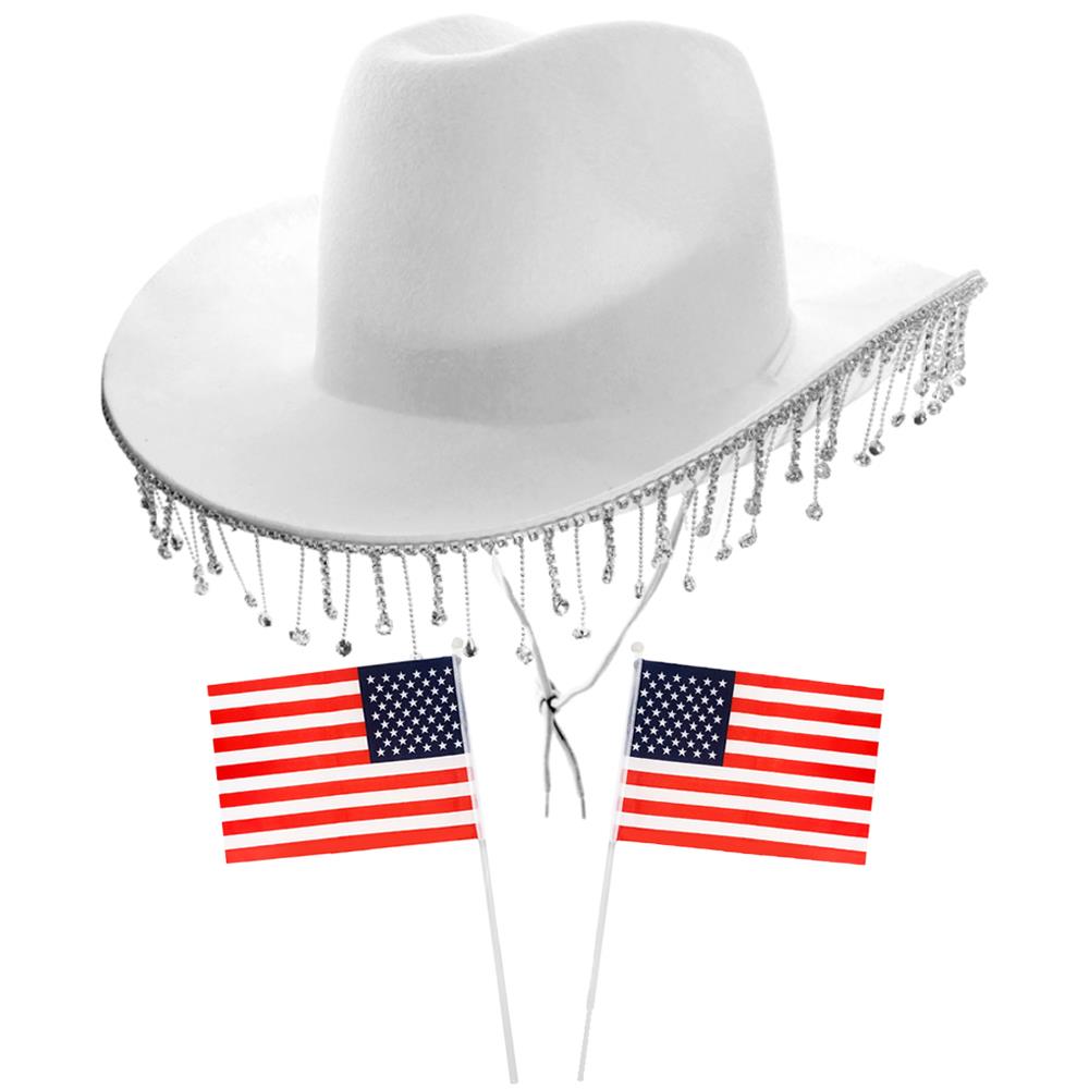Western Cowboy Accessory Set - White Hat with Diamantes & 2 American Hand Waving Flags