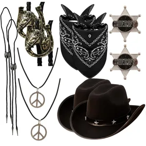 Adults Cowboy Duo Set | 10 Pcs | Black Hat, Bootlace Tie, Necklace, Bandana & Sheriff Badge